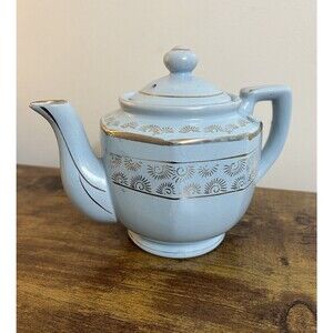 Vintage Light Blue Teapot Gold Trim W Lid Enesco MCM Cottagecore Country Boho